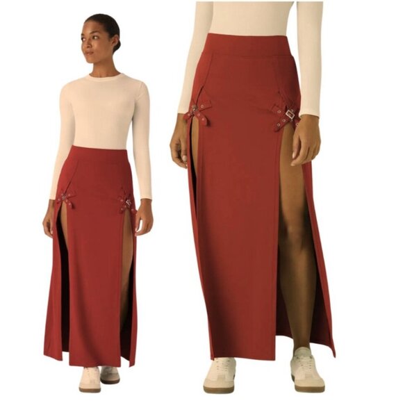 Halara High Waisted Decorative Buckle Split 2-in-1 Maxi Casual Skirt Sz XS Red - Picture 12 of 13